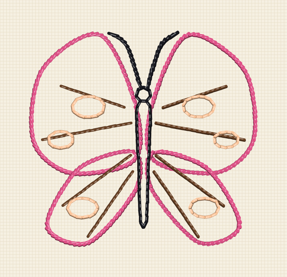 Single butterfly embroidery transfer centred with wings fully open for a small hoop or patch