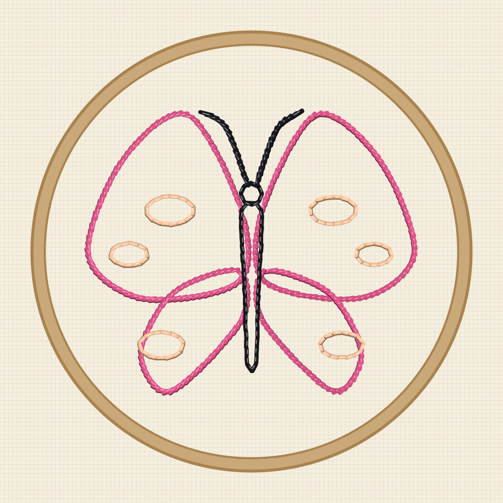 Small butterfly embroidery design with compact wings, a slim body and paired dots near the lower edges