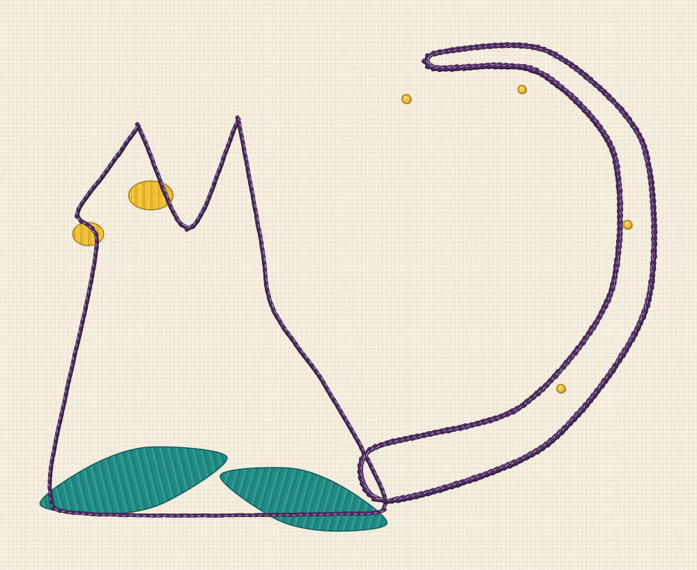 Art nouveau cat embroidery pattern with a stylised sitting cat and an extravagantly long whiplash tail looping over it