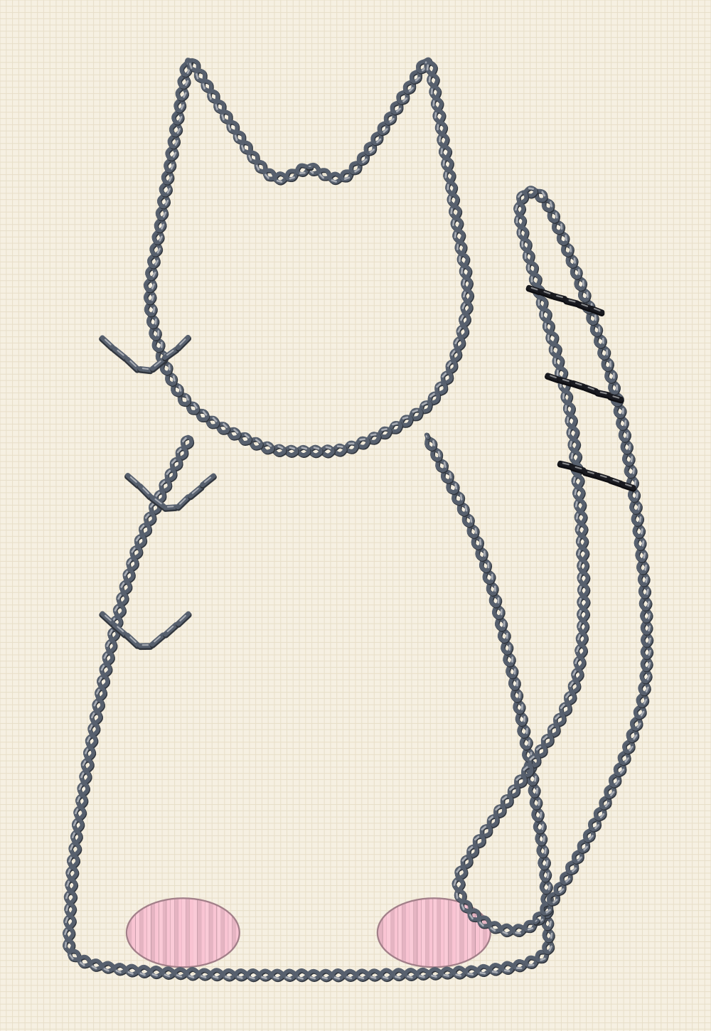 Cat embroidery pattern of a cat seen from behind sitting with its tail straight up and two hind paw pads showing