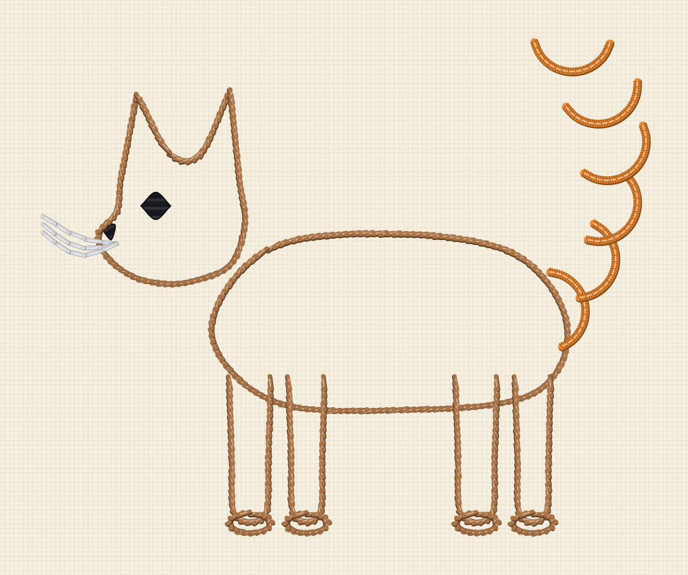 Bullion knot cat embroidery pattern with the cat outlined in stem stitch and its tail worked as six coiled bullion knots