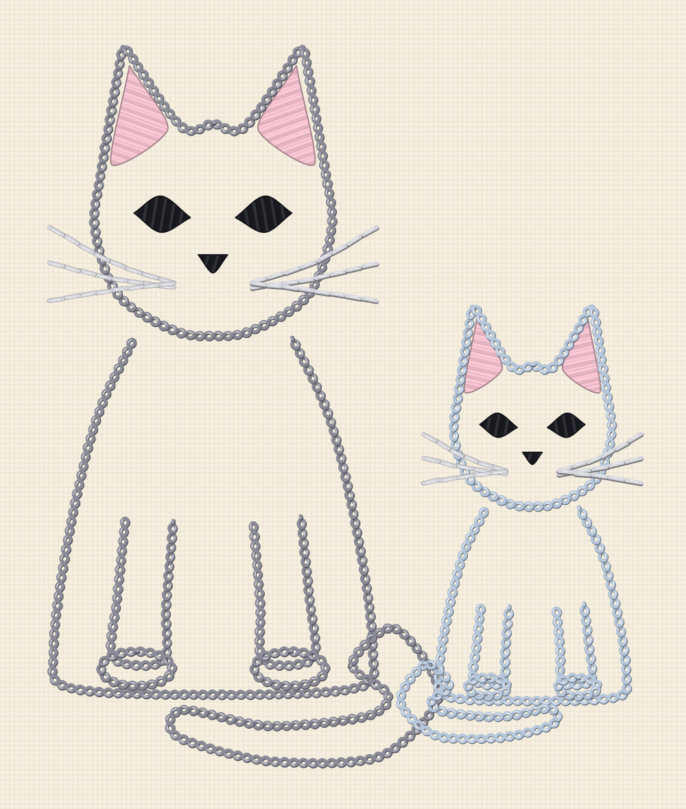 Cat and kitten embroidery pattern with a full grown cat sitting beside a much smaller kitten, both facing forward
