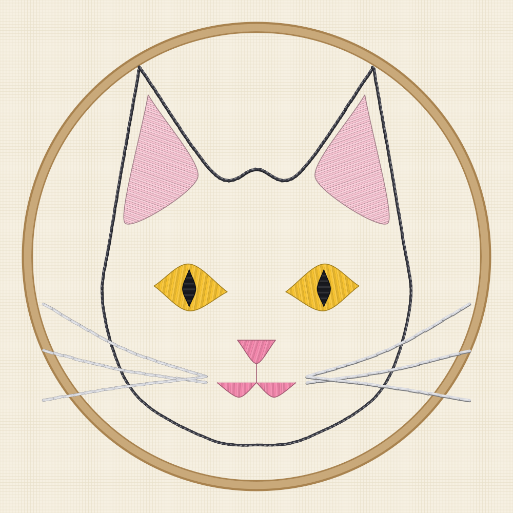 Cat face embroidery pattern drawn large, with almond eyes, slit pupils, a filled nose and six long whiskers