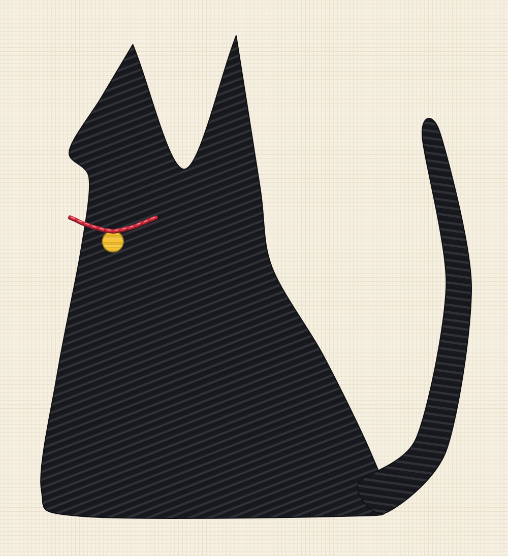 Cat silhouette embroidery pattern of a sitting cat filled solid in one colour with a red collar worked over the filling