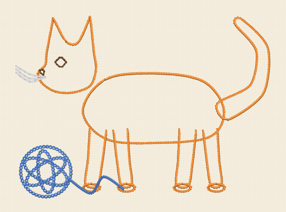 Cat embroidery pattern of a ginger cat in profile reaching for a ball of yarn with the thread trailing under its paws
