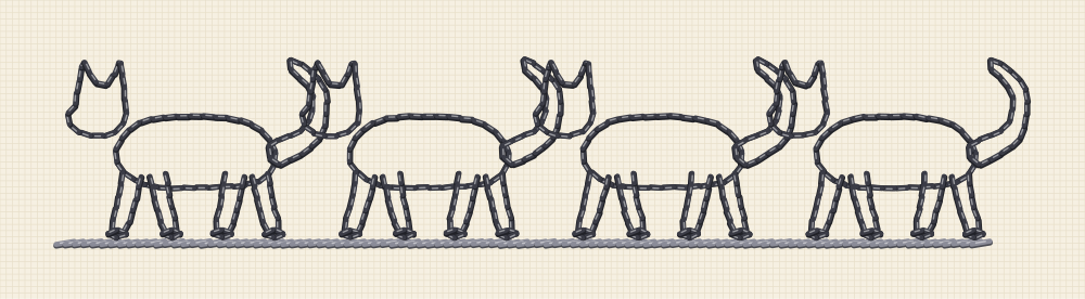 Narrow cat embroidery band pattern for a sleeve cuff, with four small cats walking in single file along a straight rail