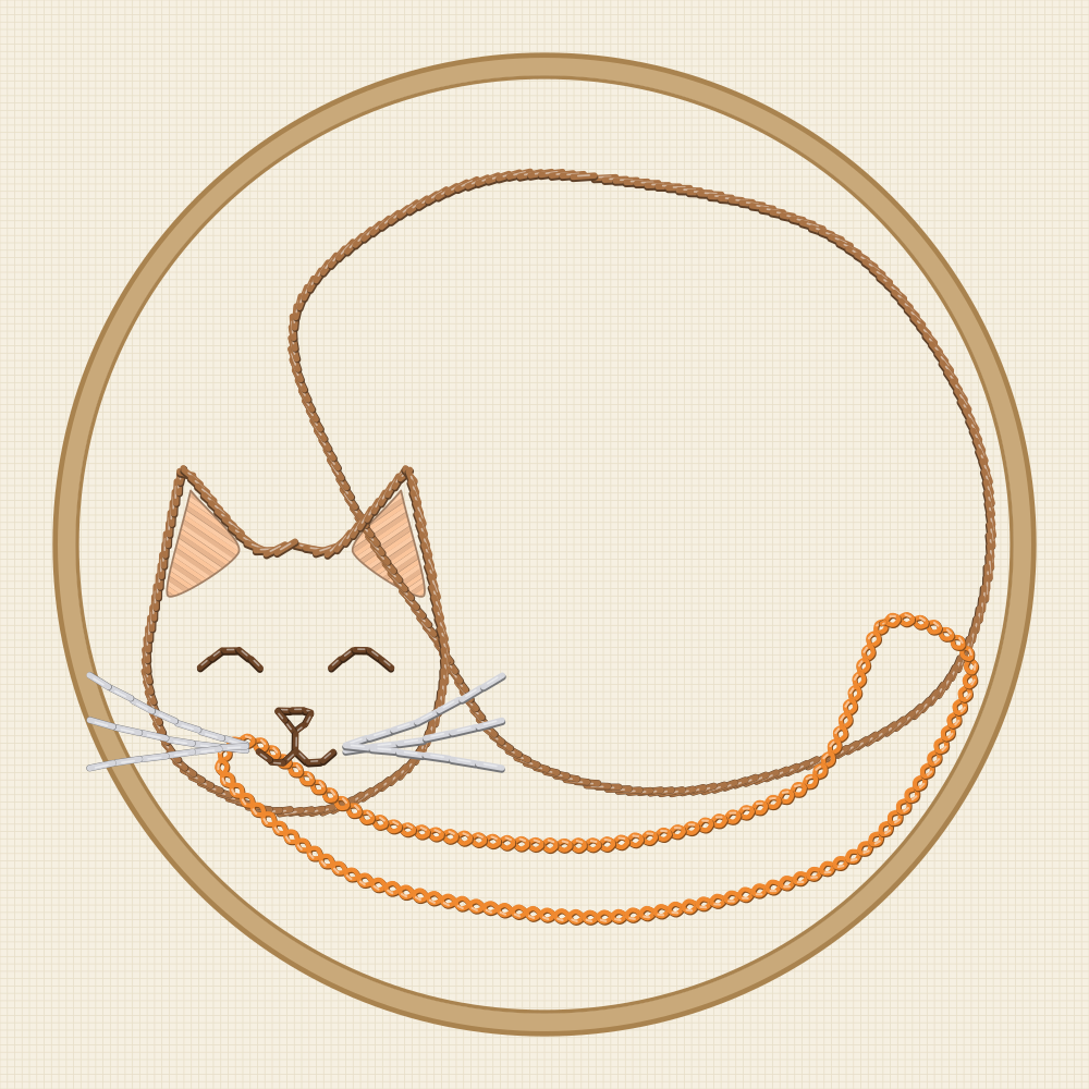 Hand embroidery pattern of a cat curled up asleep in a ring, with its head down and its tail wrapped round to its nose