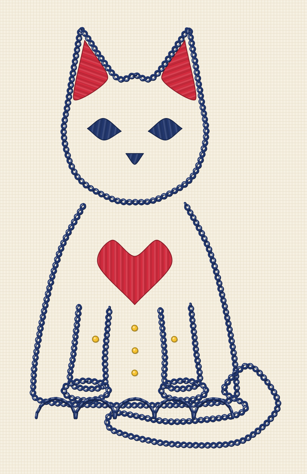 Folk art cat embroidery pattern with a symmetrical sitting cat, a heart on its chest and a scalloped border at its feet