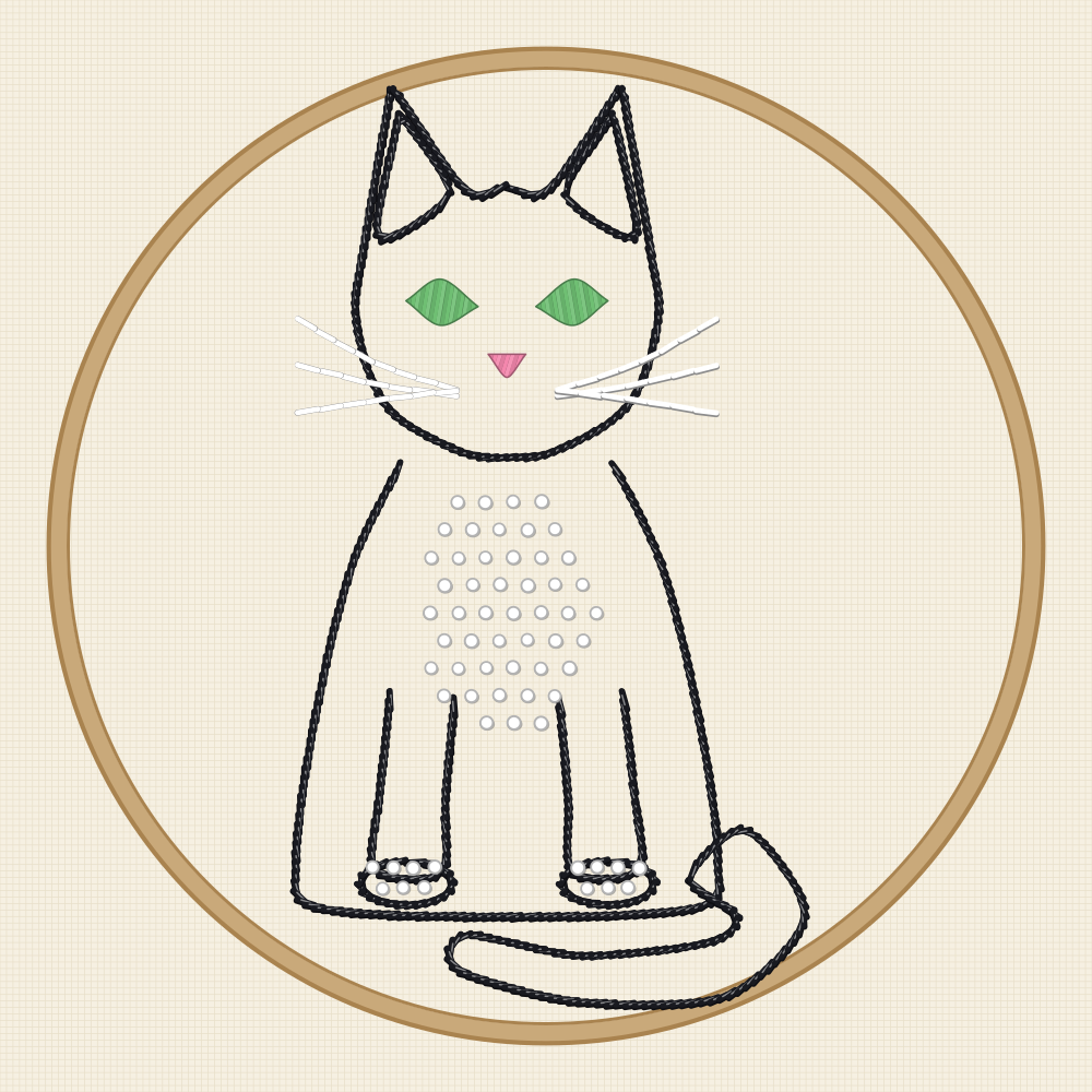 French knot cat embroidery pattern of a tuxedo cat whose white chest bib and paw tips are packed with French knots