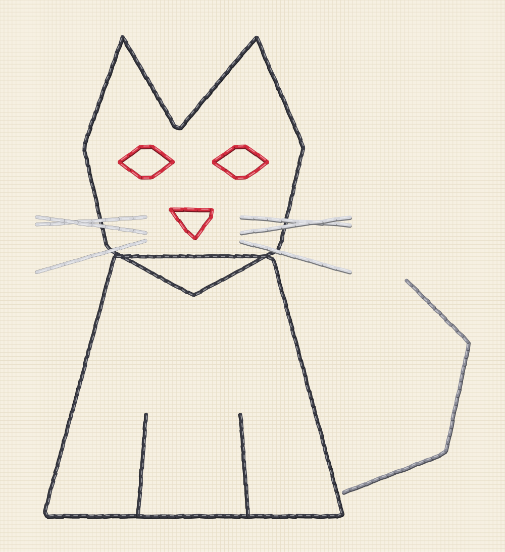 Geometric cat embroidery pattern built entirely from straight lines, with a faceted head, a trapezoid body and diamond eyes
