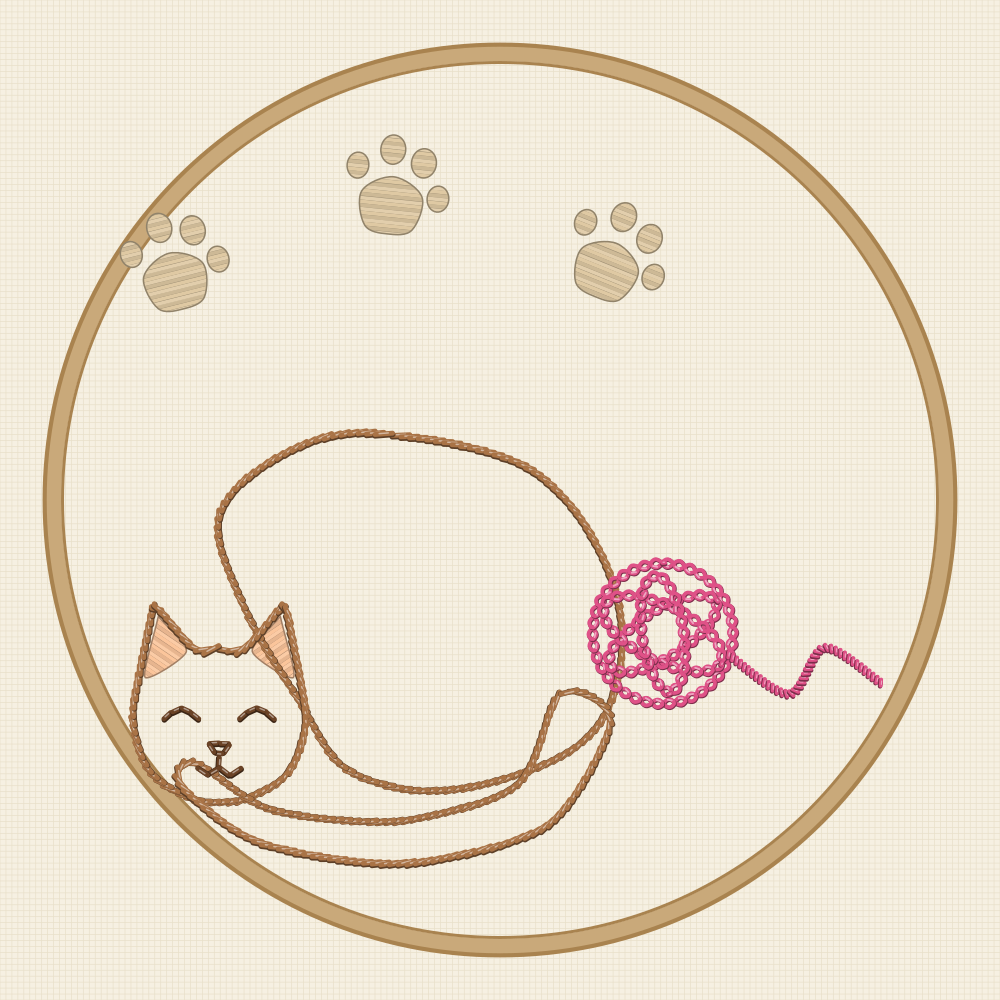 Large cat hoop embroidery pattern for a fifteen centimetre hoop with a sleeping cat, a ball of yarn and three paw prints