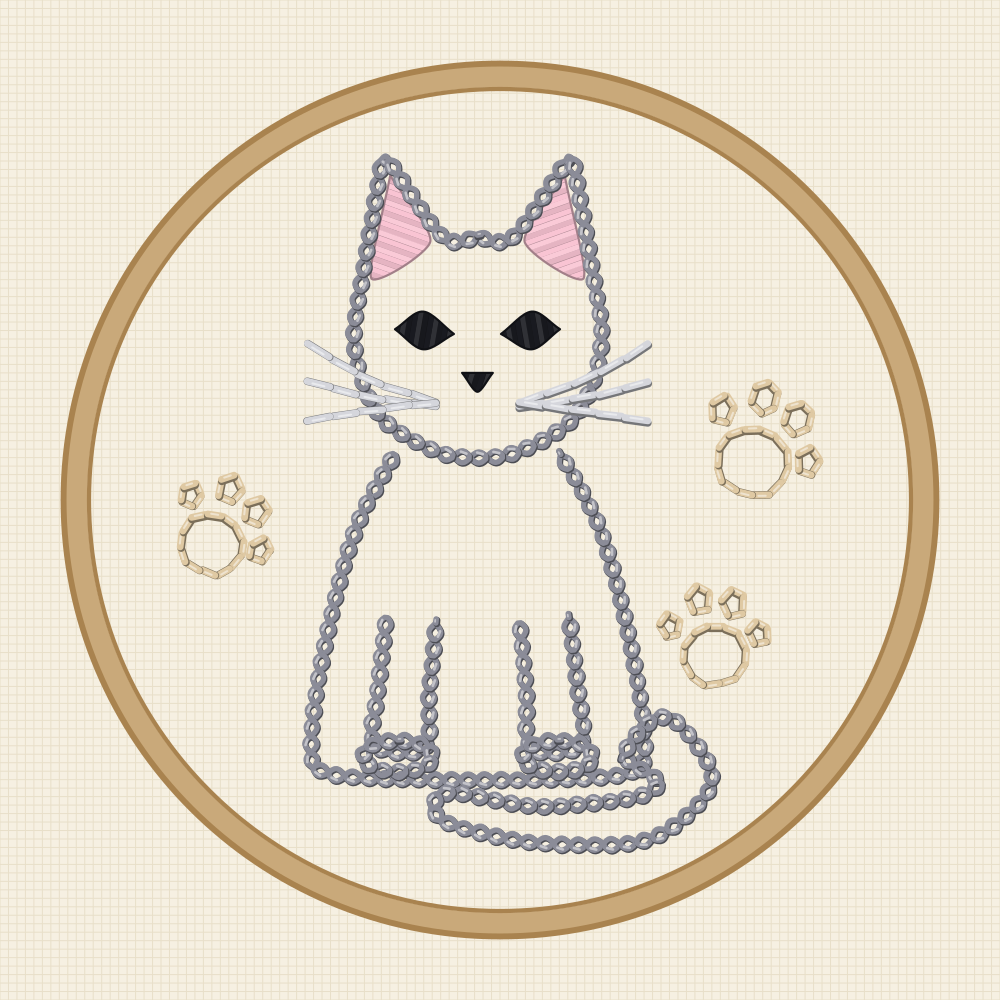 Cat hoop art embroidery pattern drawn to fill a ten centimetre hoop with a sitting cat and two paw prints beside it
