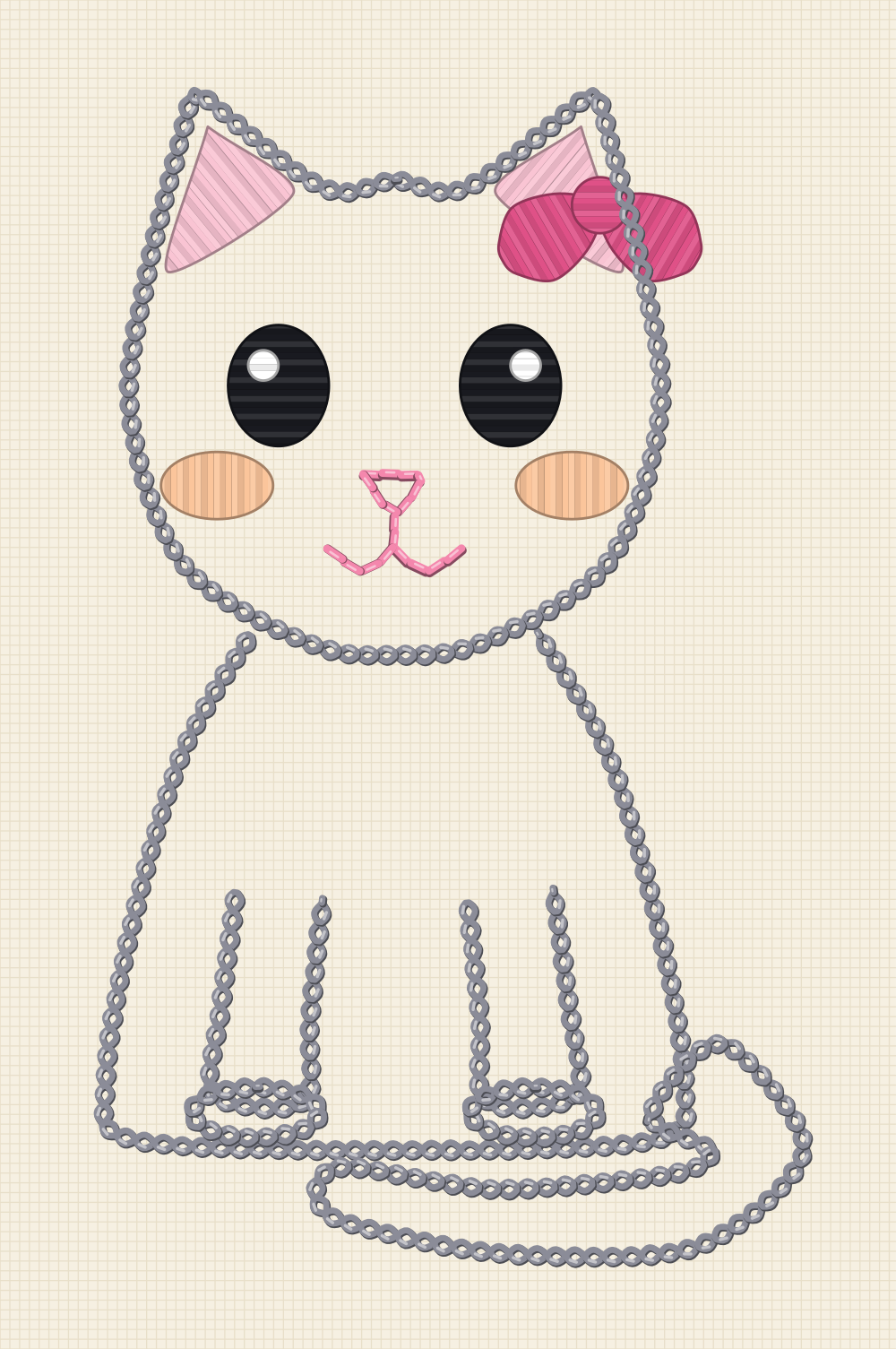 Kawaii cat embroidery pattern with a round head, oversized eyes with highlights, blushed cheeks and a small bow