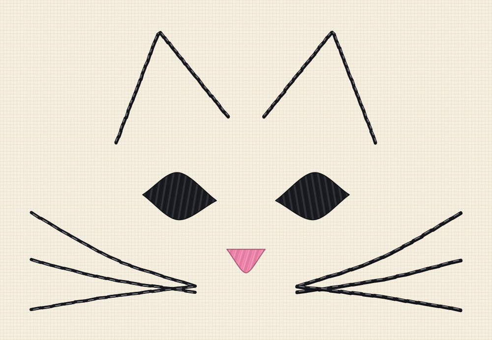 Minimalist cat embroidery pattern with no head outline at all, just two ear points, two eyes, a nose and six whiskers