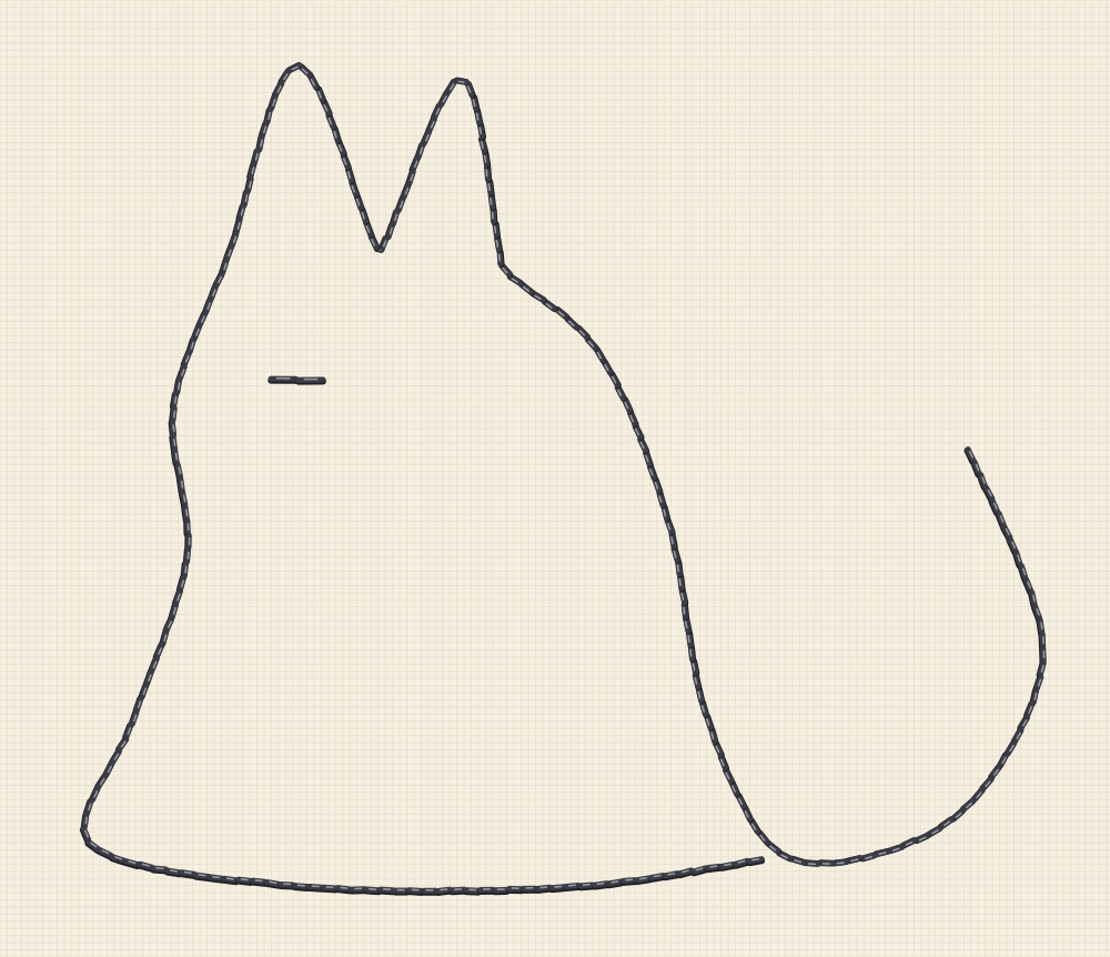 Minimal one line cat embroidery pattern drawn as a single unbroken outline from the tail tip round the whole animal