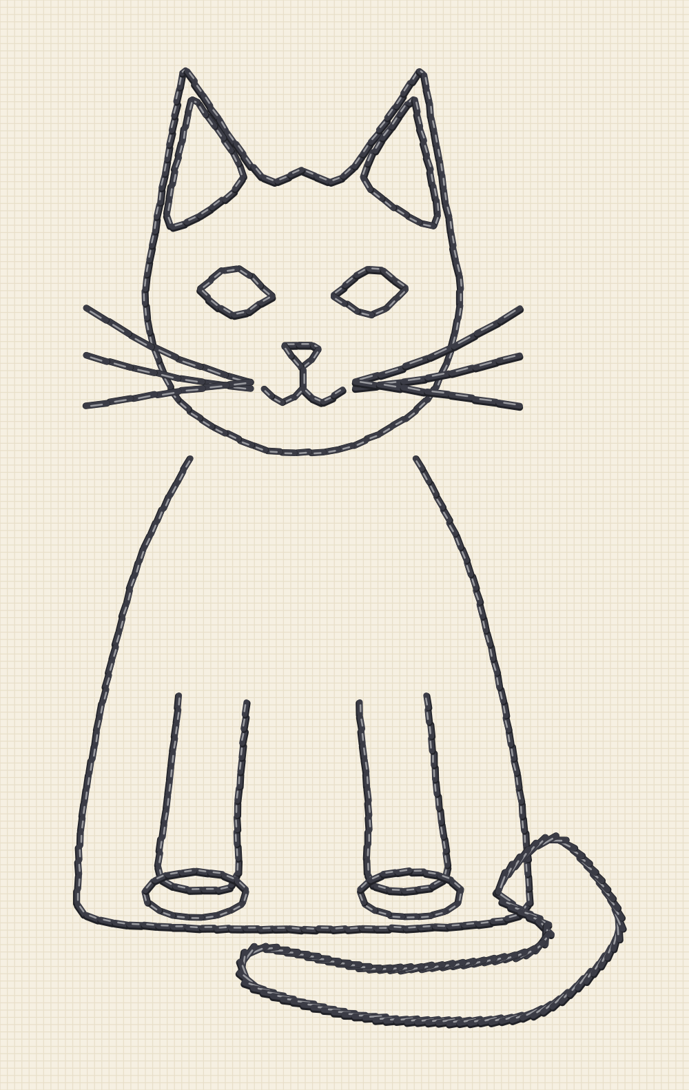 Beginner cat embroidery pattern worked in back stitch and stem stitch only, with no filled shape anywhere in the drawing