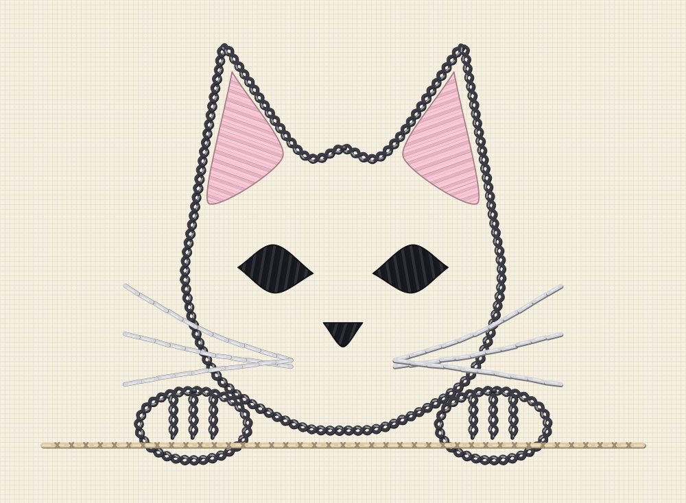 Peeking cat embroidery pattern with a cat head and two paws hooked over a horizontal edge, sized for a pocket top