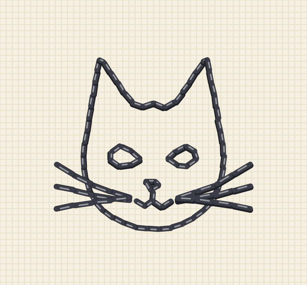 Tiny cat face embroidery pattern three centimetres wide, sized for a shirt pocket corner, worked in back stitch