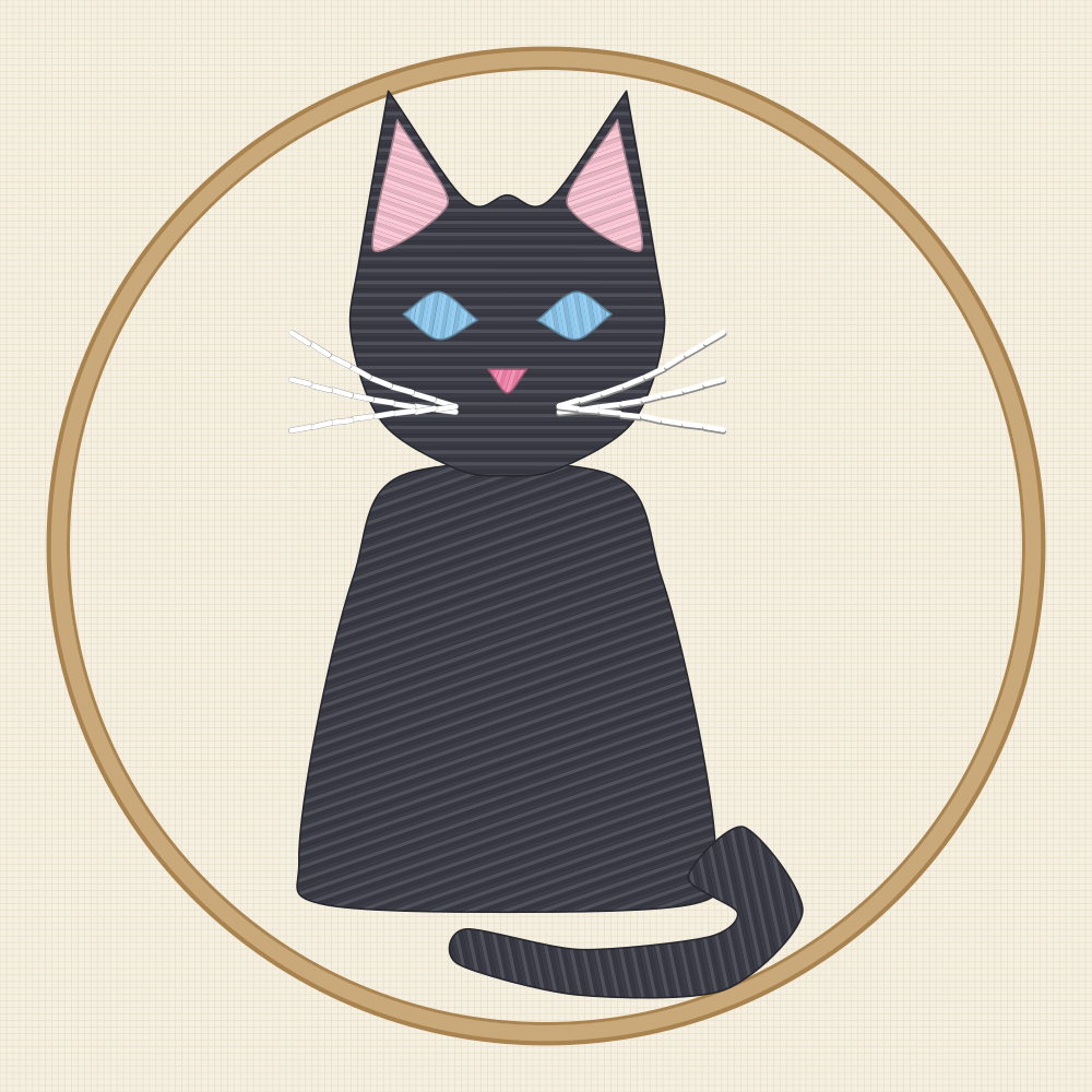 Satin stitch cat embroidery pattern with the head, body, tail and ears drawn as separate closed shapes ready to fill solid