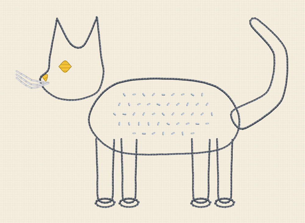 Seed stitch cat embroidery pattern with a standing cat in profile whose flank is scattered with tiny seed stitches for fur