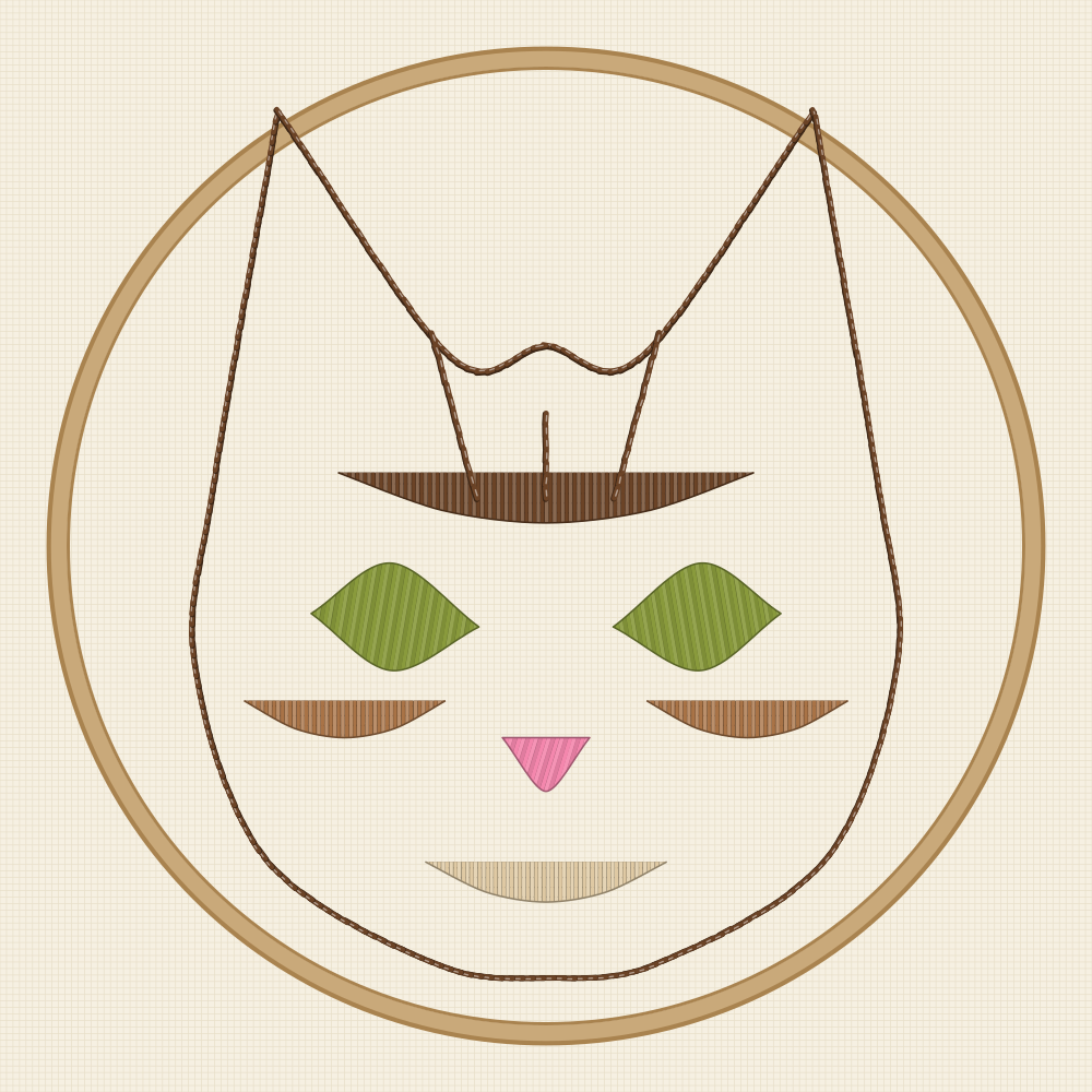 Shaded tabby cat embroidery pattern with three bands drawn across the face as guide lines for long and short stitch shading