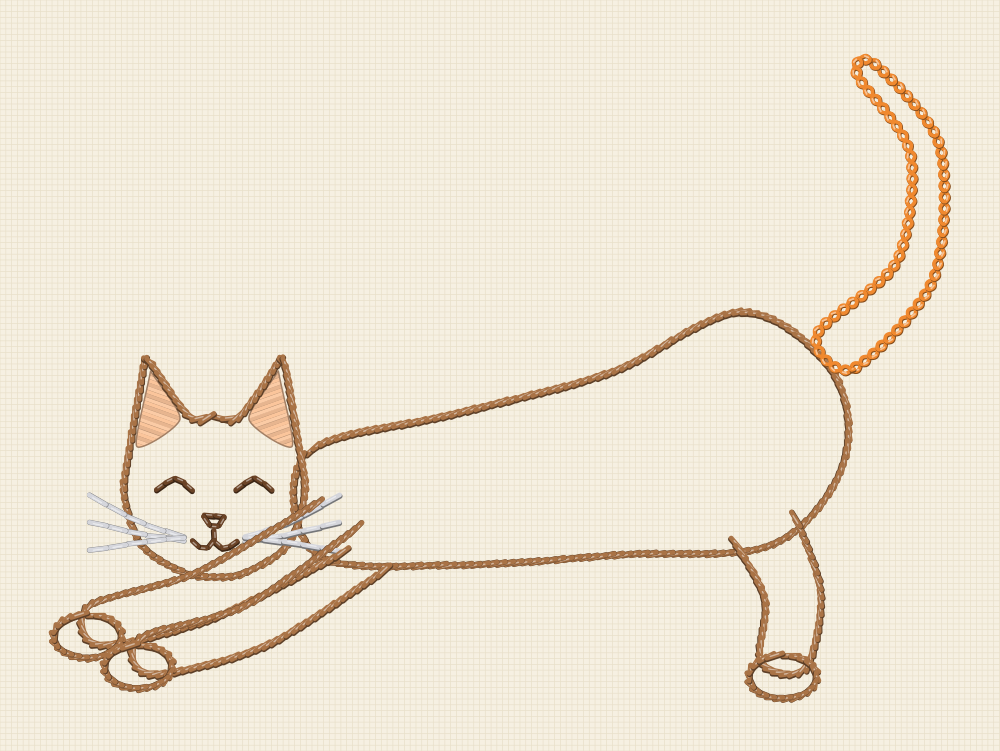 Cat embroidery pattern of a cat stretching with its front legs reaching forward, its back arched down and its rump raised