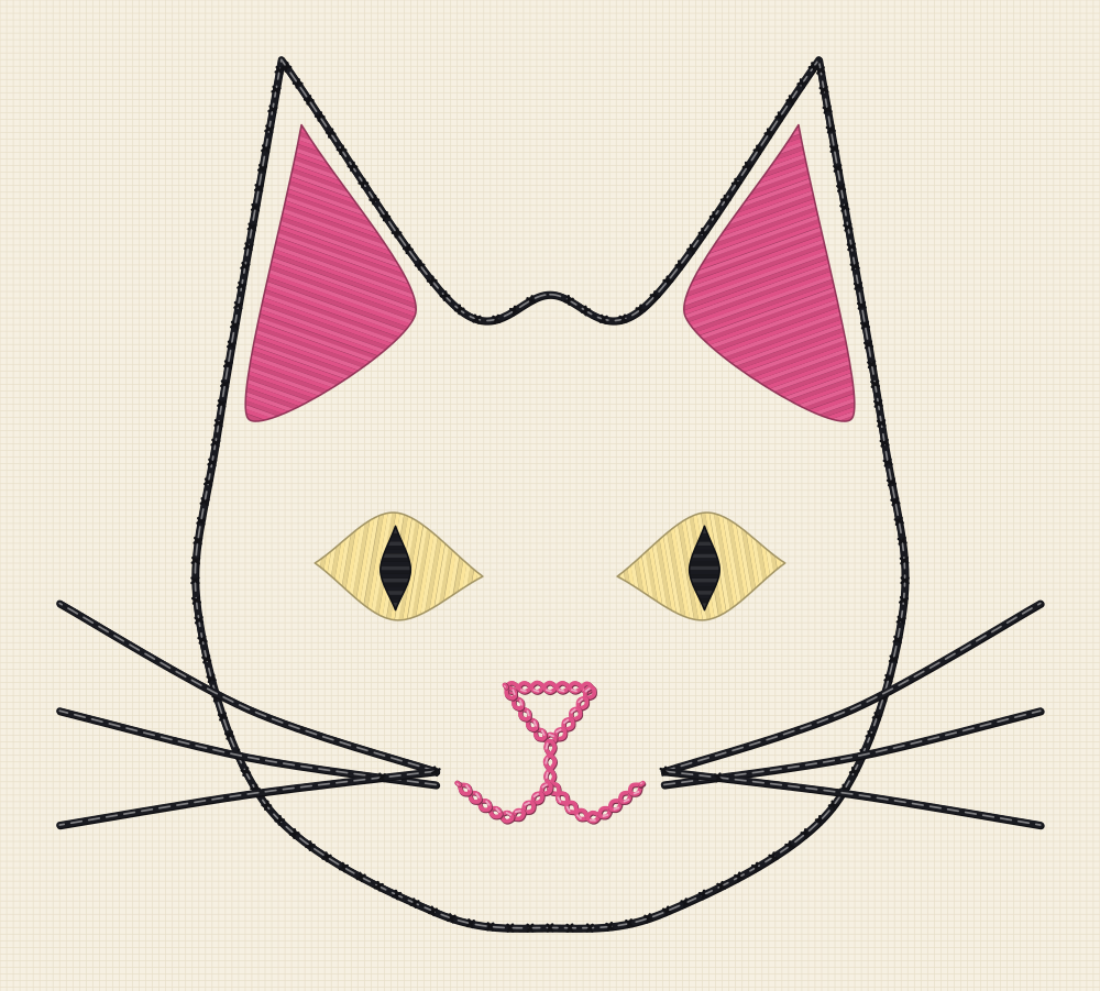 Large cat embroidery pattern for a tote bag panel, with one oversized cat face drawn in heavy lines for canvas