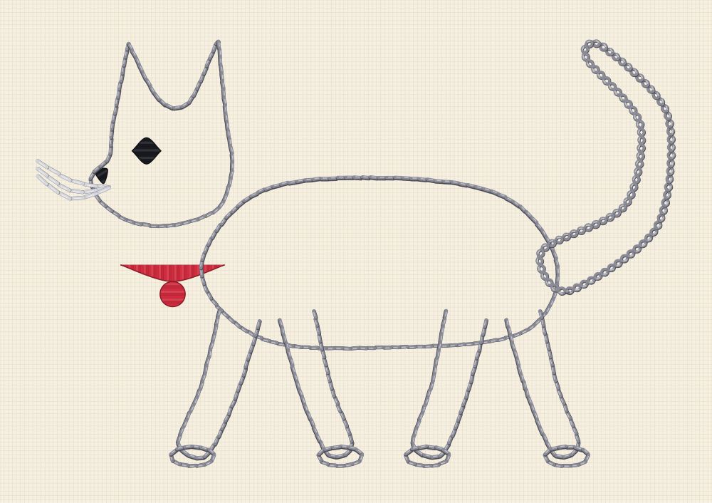Cat embroidery pattern of a cat walking in profile mid stride with its tail up and a bell collar at its throat