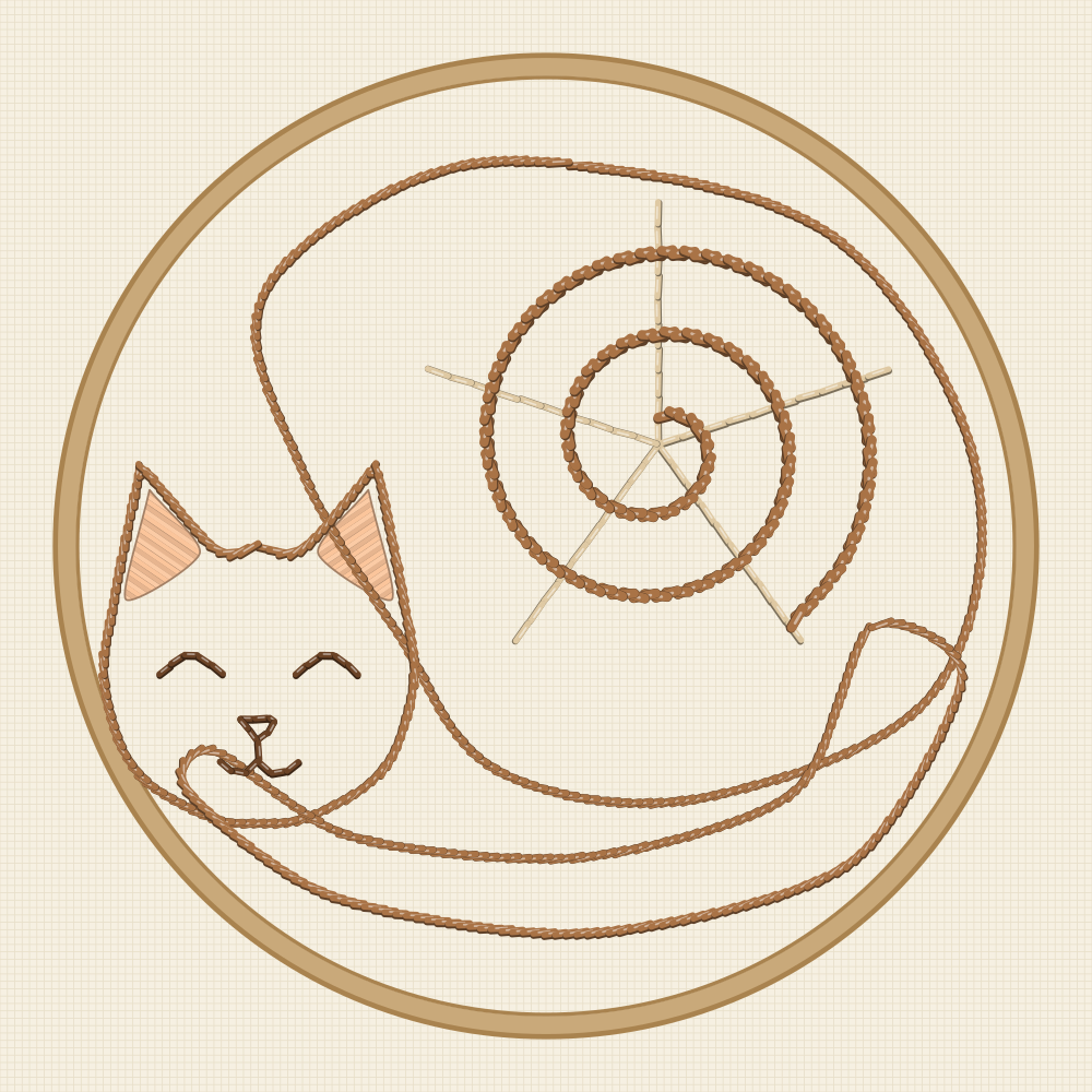 Woven wheel cat embroidery pattern of a curled sleeping cat whose whole body is a spiral woven over five straight spokes
