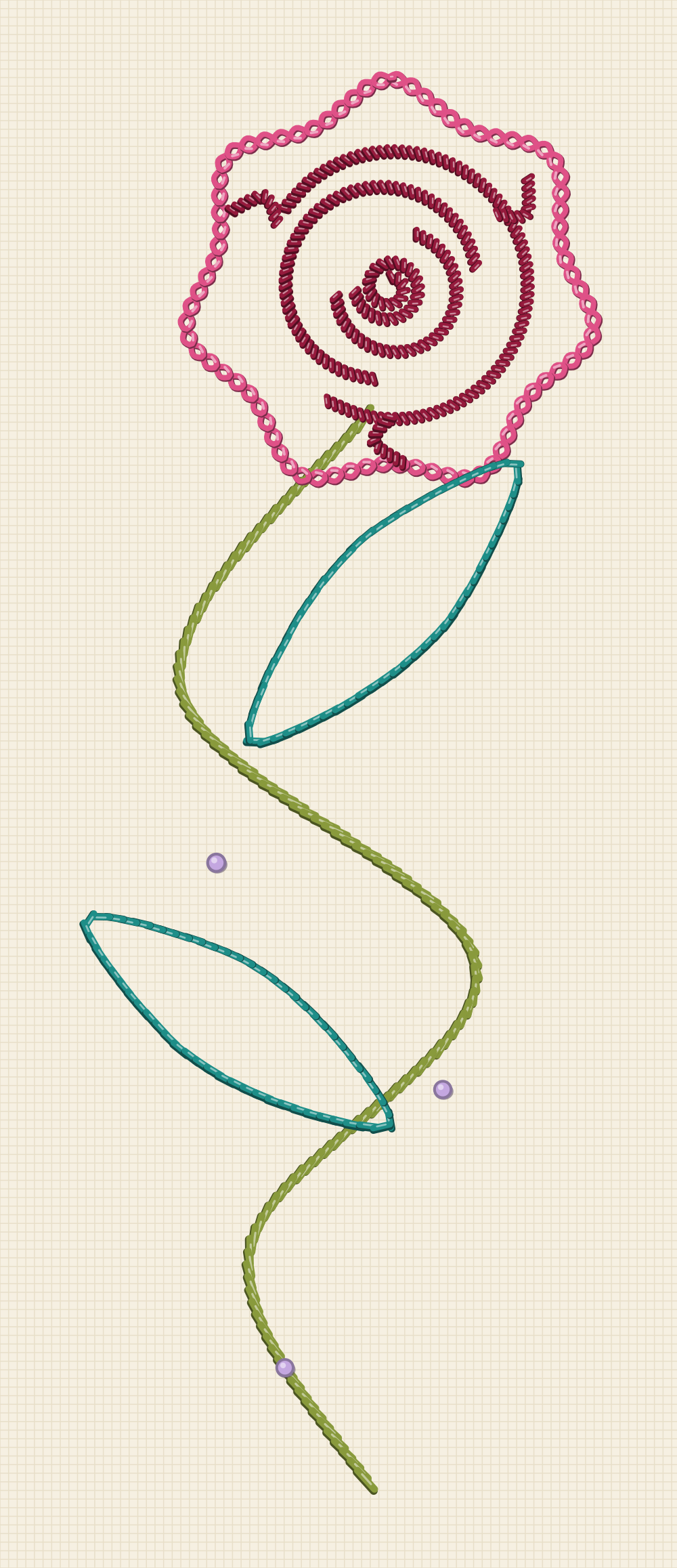 Art nouveau rose embroidery pattern with a long whiplash stem curving twice, one stylised bloom and two elongated leaves