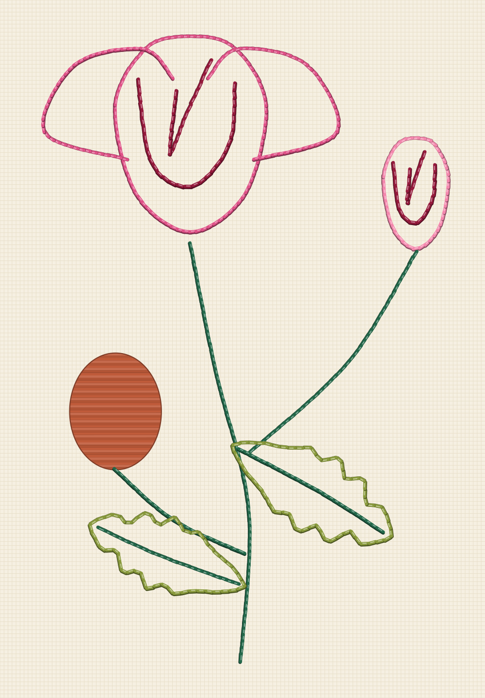Botanical rose embroidery pattern drawn as a study sheet with a bloom, a bud, a hip and two serrated leaves on one stem