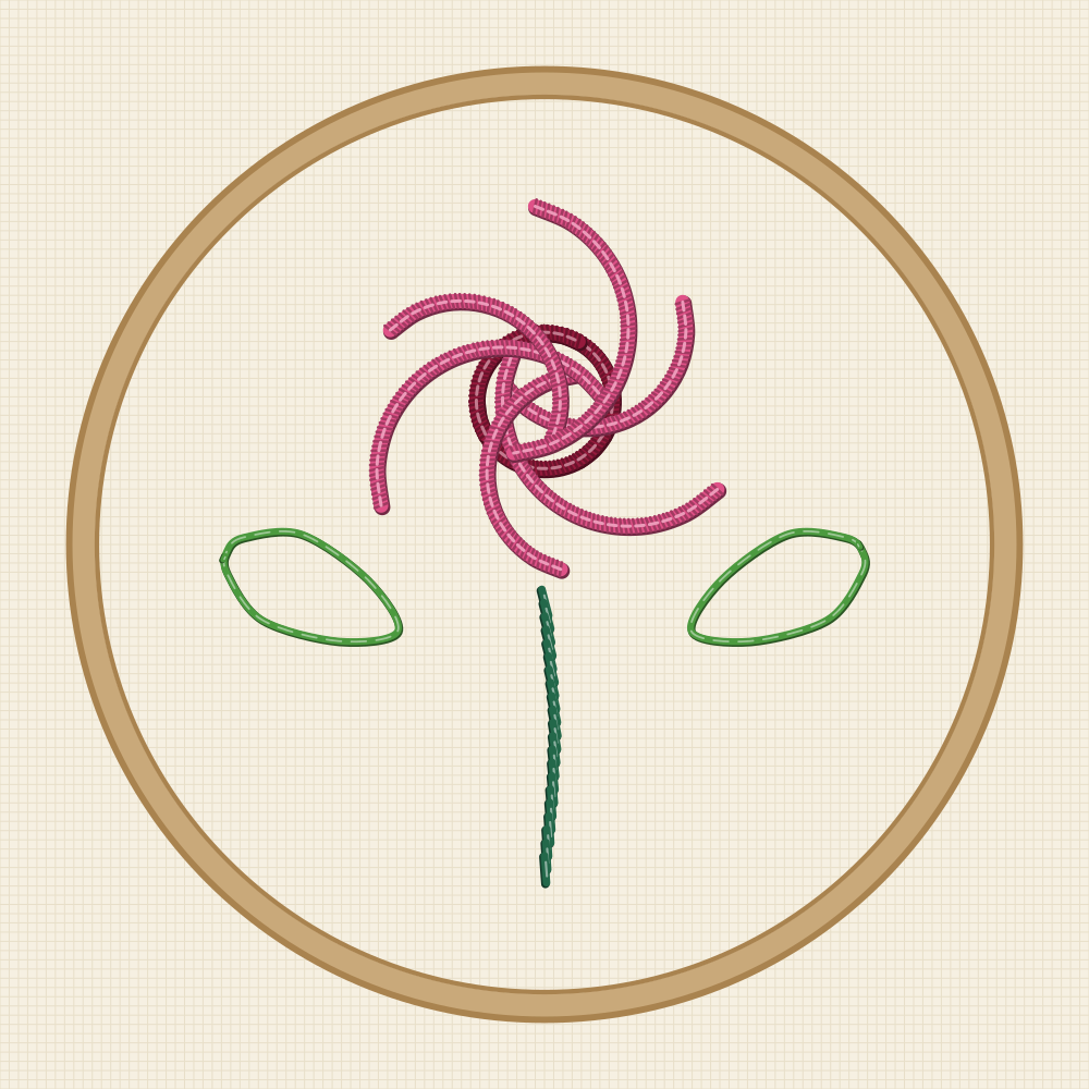 Bullion knot rose embroidery pattern with nine curved bullion strokes coiled around a centre and two lazy daisy leaves