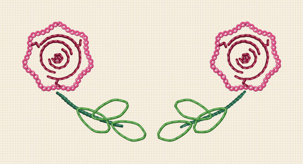 Rose collar embroidery pattern with two mirrored sprigs, one for each side of a shirt collar, each with a rose and three leaves