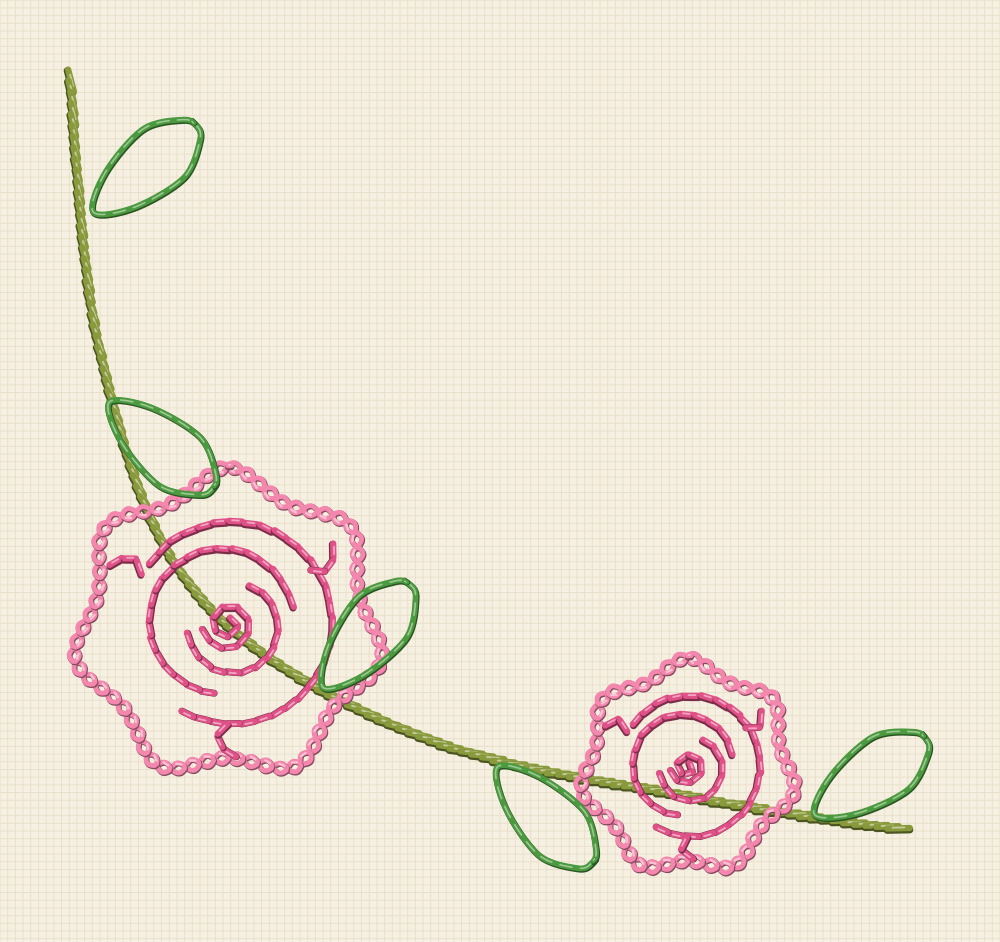 Corner rose embroidery pattern shaped as an L for a napkin or handkerchief corner, with two roses and a trailing vine
