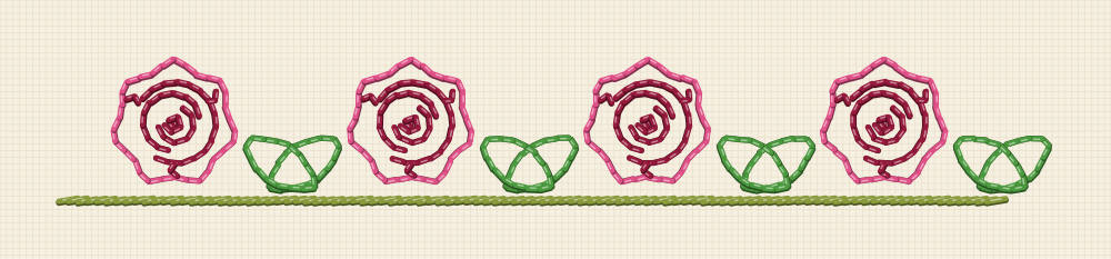 Narrow rose embroidery band pattern twenty six millimetres deep for a sleeve cuff, with small roses alternating with leaf pairs