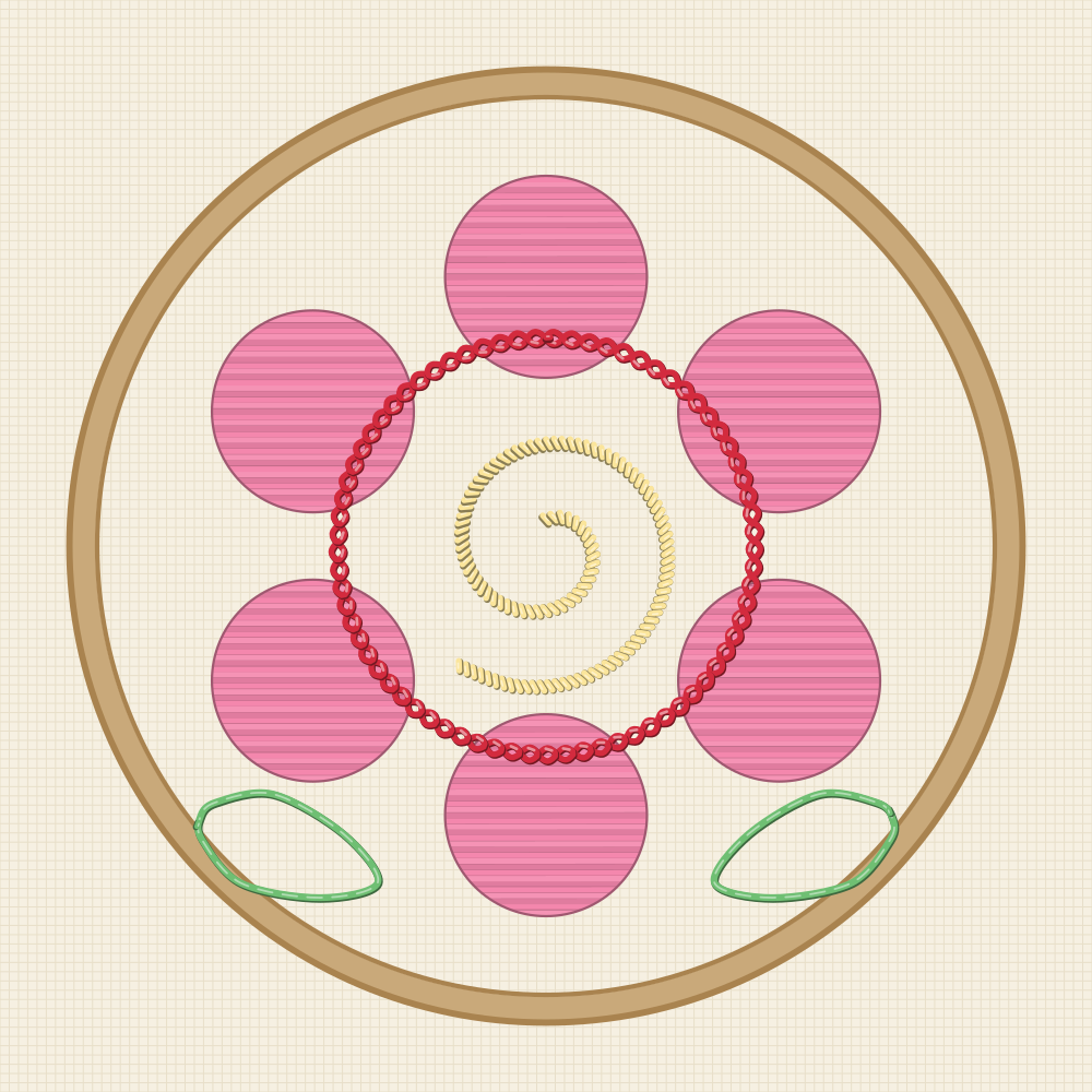 Folk rose embroidery pattern with a round body, a spiral heart and six circular petals arranged like painted tray decoration