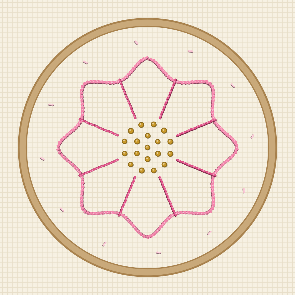 French knot rose embroidery pattern with an outlined open flower and a heart packed with knots, plus seed stitch scatter