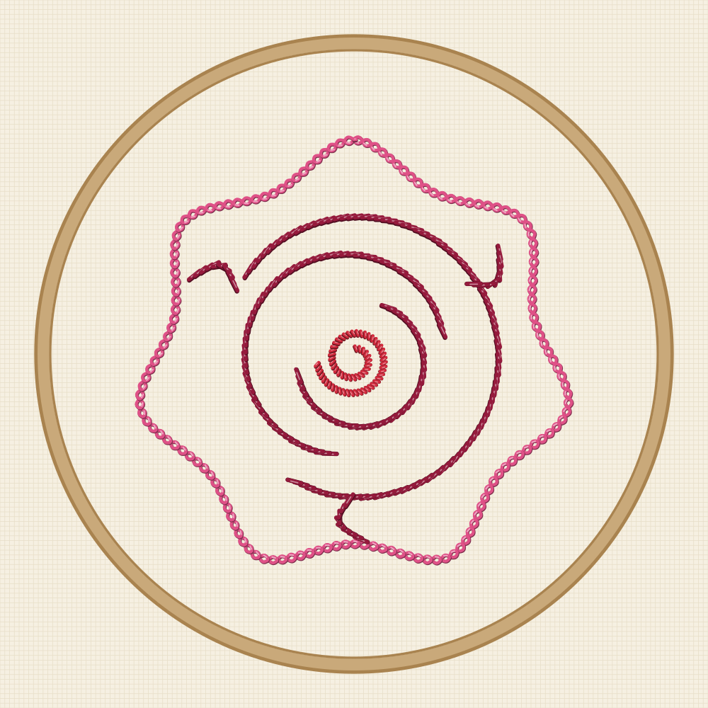 Rose embroidery pattern of a fully open bloom seen face on, with a seven lobe petal silhouette wrapping round a spiral heart