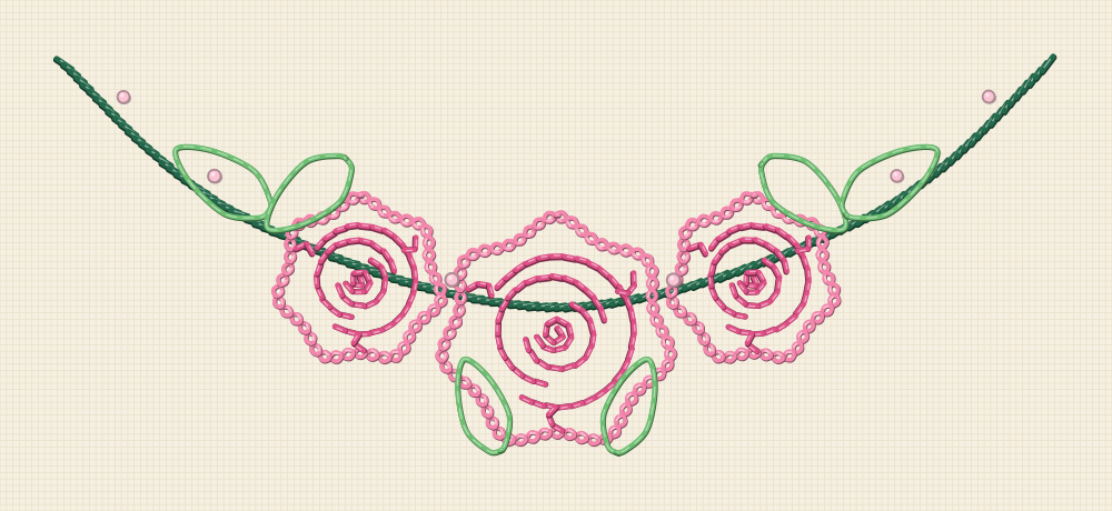 Rose garland embroidery pattern drawn as a hanging swag with three roses along the dip and leaves running to both ends