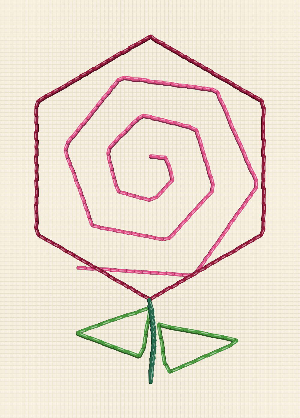 Geometric rose embroidery pattern built from straight lines only, a hexagonal spiral inside a hexagon with angular leaves