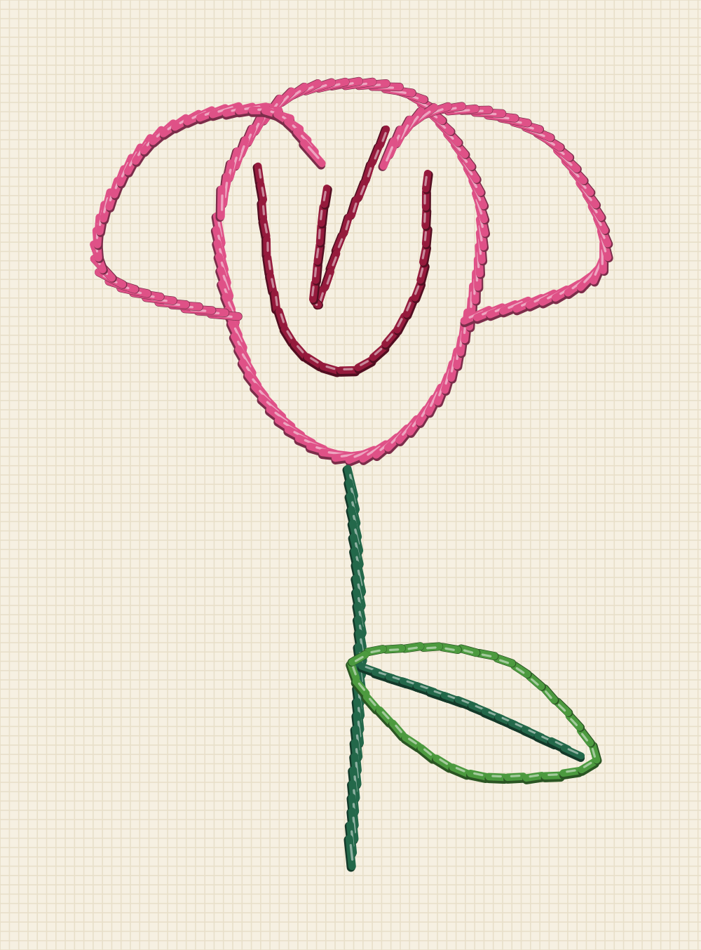 Hand embroidery pattern of a half open rose in profile with two petals reflexing away from the cup and a leaf on the stem