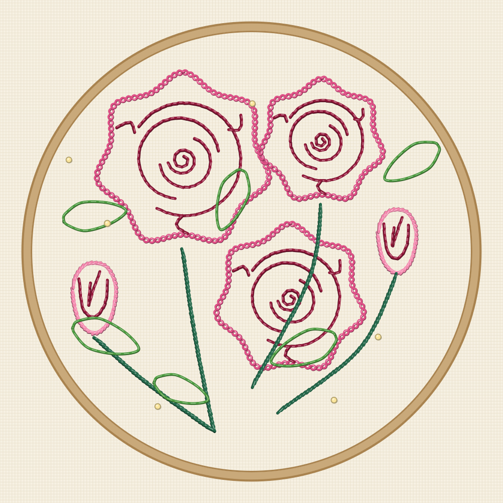 Large rose hoop embroidery pattern for a fifteen centimetre hoop with three blooms, two buds and a full ring of leaves