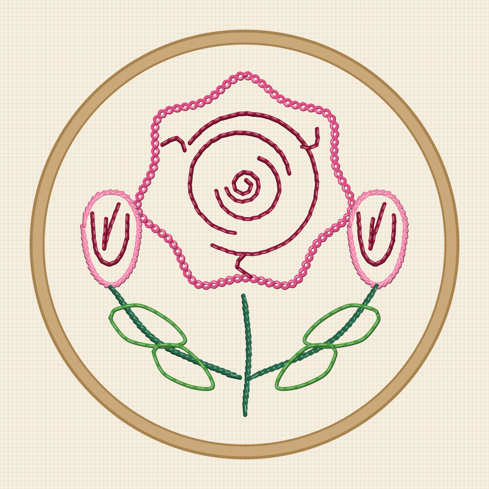 Rose hoop art embroidery pattern drawn to fill a ten centimetre hoop with one bloom, two buds and four leaves