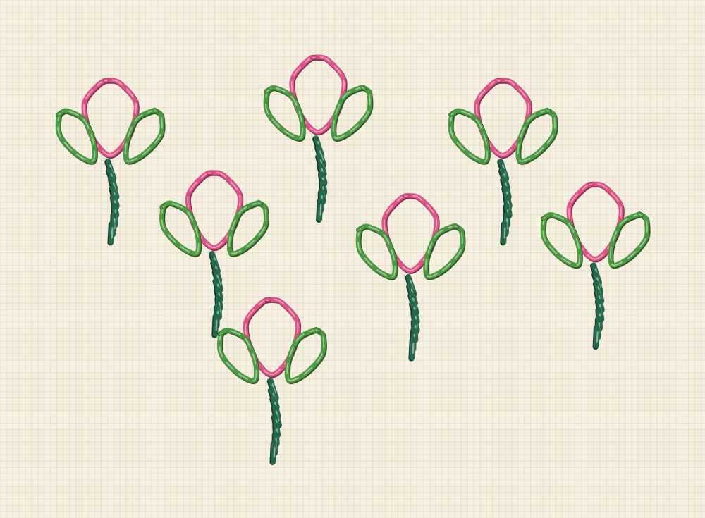 Lazy daisy rosebud embroidery pattern with seven detached chain buds on short stems, each held by two green sepal loops