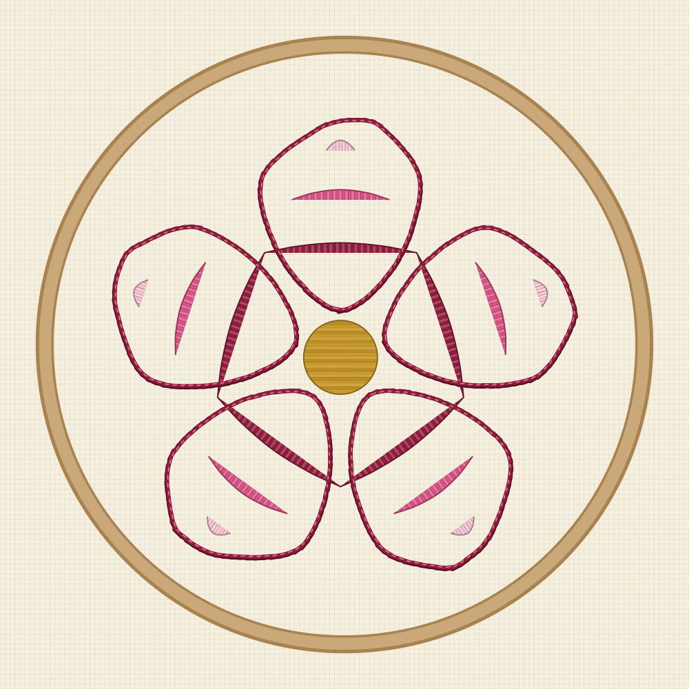 Shaded rose embroidery pattern with three bands drawn inside each petal as guide lines for long and short stitch shading