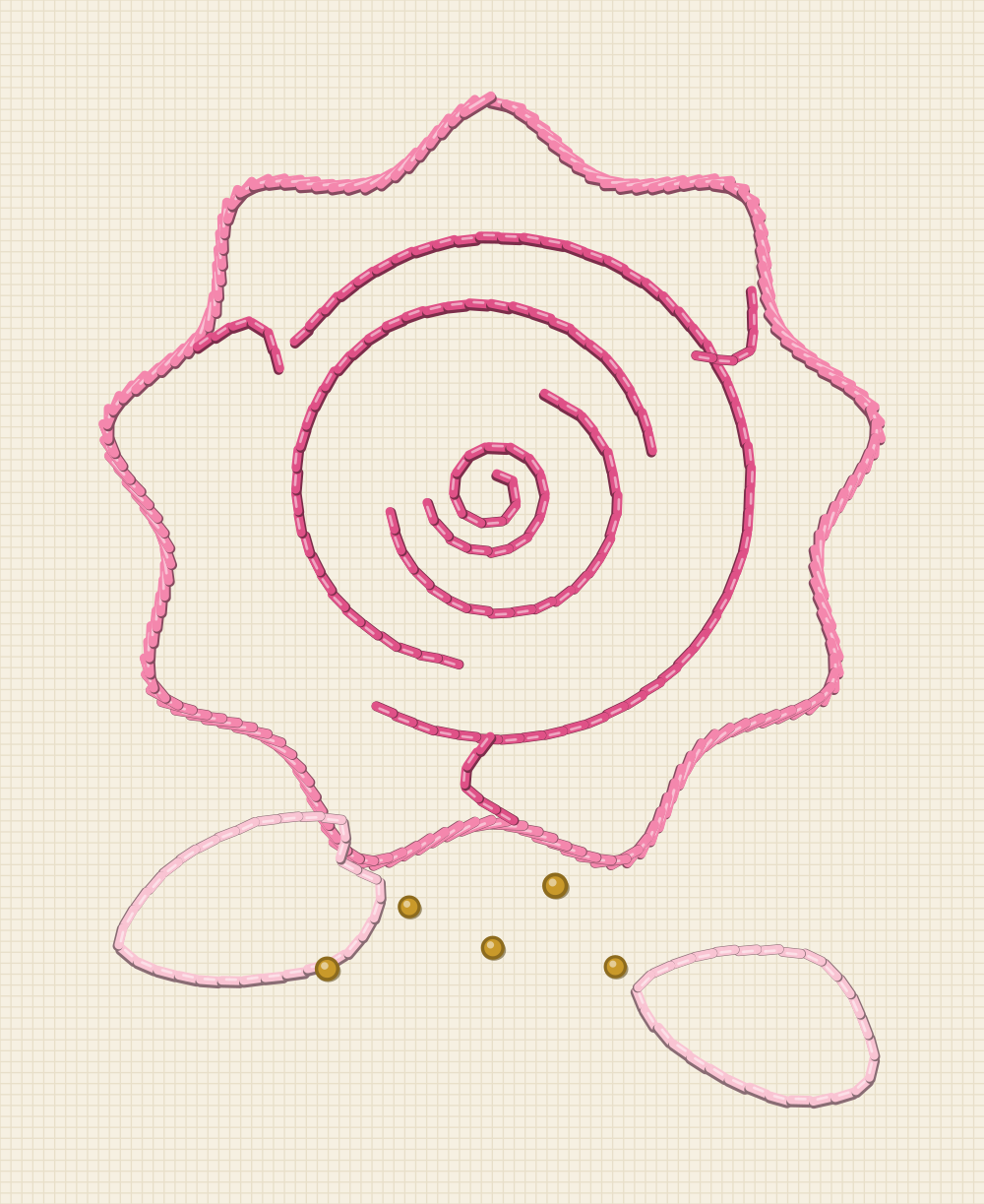 Embroidery transfer of an overblown rose with a loose open silhouette and two fallen petals lying beneath the flower