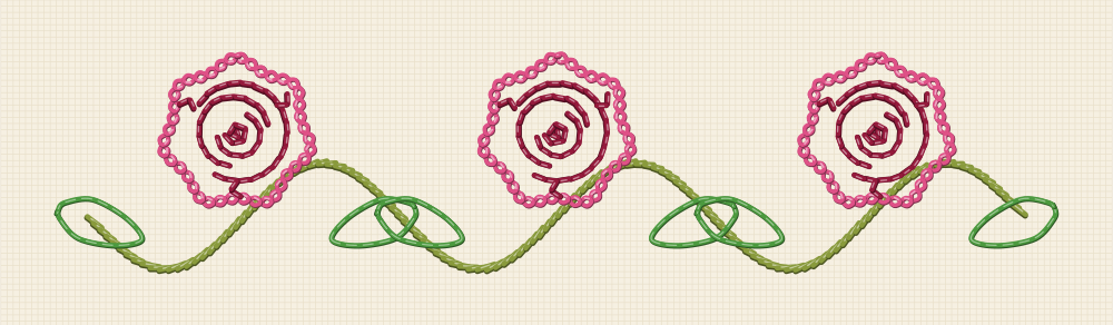 Repeating rose border embroidery pattern with three identical rose and leaf units on a waving vine for a hem or a cuff