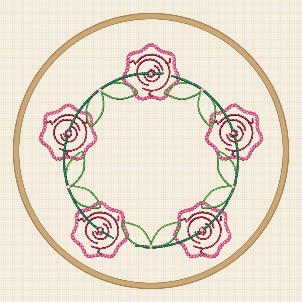 Rose wreath embroidery pattern with five roses spaced around a ring of leaves, sized for a fifteen centimetre hoop