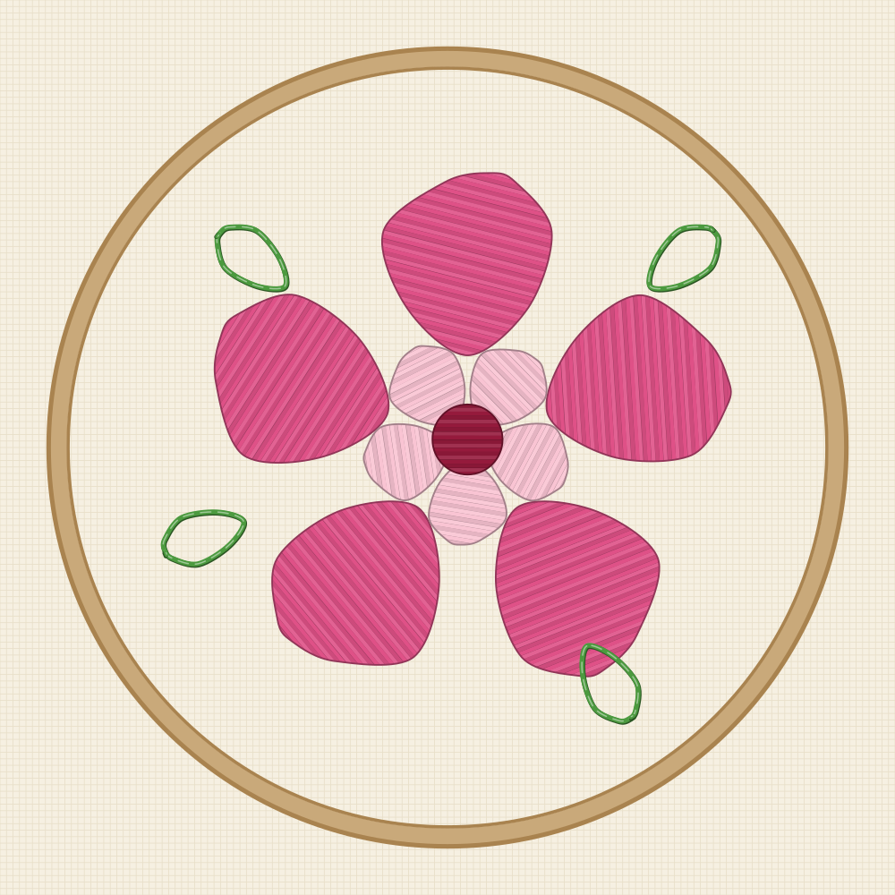 Satin stitch rose embroidery pattern with five separate petal shapes drawn as closed outlines ready to be filled solid