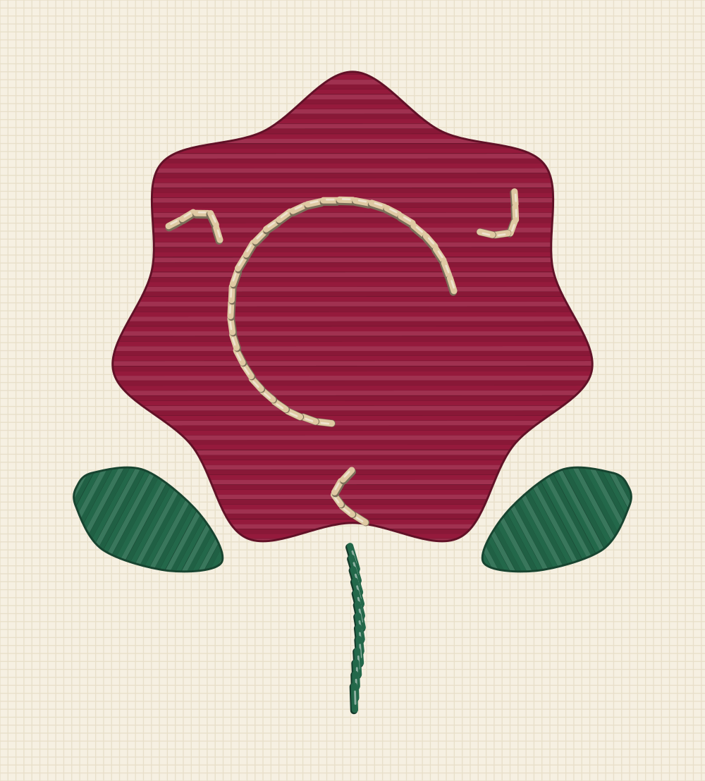 Solid silhouette rose embroidery pattern with the whole flower filled in one colour and the petal folds left as bare fabric